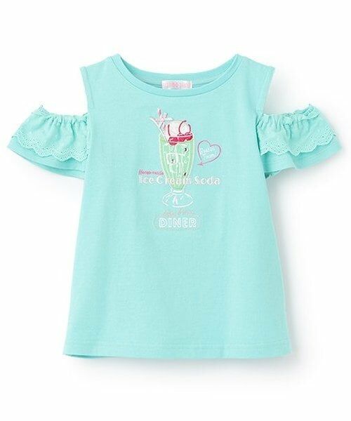 mezzo piano / メゾピアノ Tシャツ | 【人気商品再入荷】【直営店で取り扱い無し】ダイナーメニュー肩開き　2wayTシャツ（エメラルド グリーン）