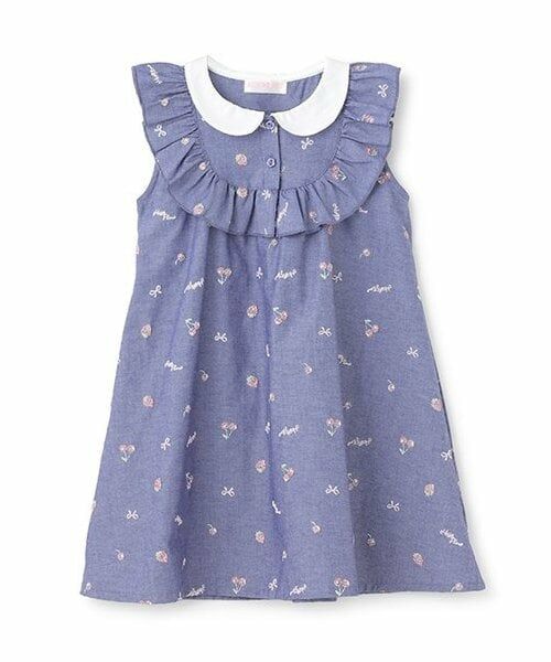 mezzo piano / メゾピアノ ミニ丈・ひざ丈ワンピース | 【人気商品再入荷】【直営店で取り扱い無し】ちびフルーツオフショルダンガリーワンピース（紺）