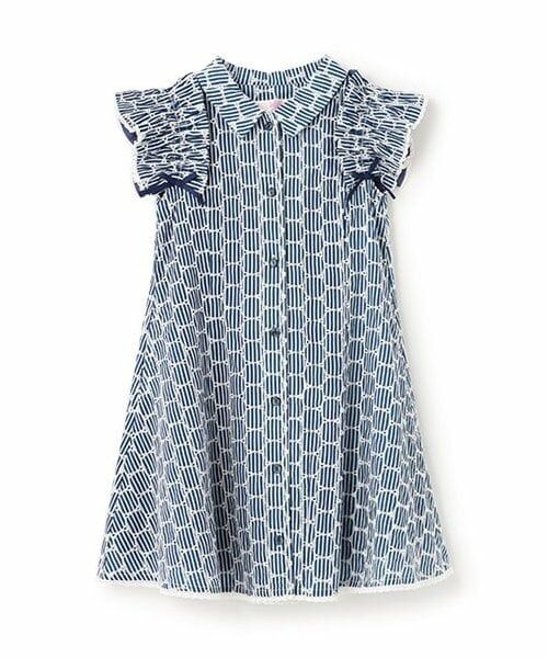 mezzo piano / メゾピアノ ミニ丈・ひざ丈ワンピース | 【人気商品再入荷】【直営店で取り扱い無し】フリル袖ストライプ　シャツワンピース（紺）