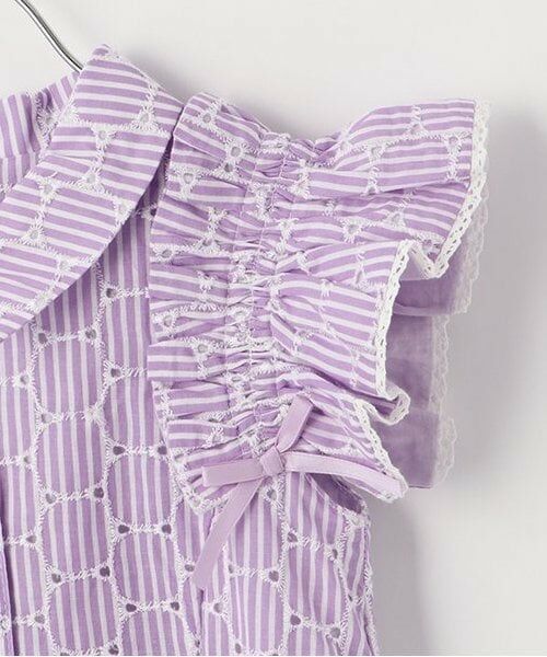 mezzo piano / メゾピアノ ミニ丈・ひざ丈ワンピース | 【人気商品再入荷】【直営店で取り扱い無し】フリル袖ストライプ　シャツワンピース | 詳細3