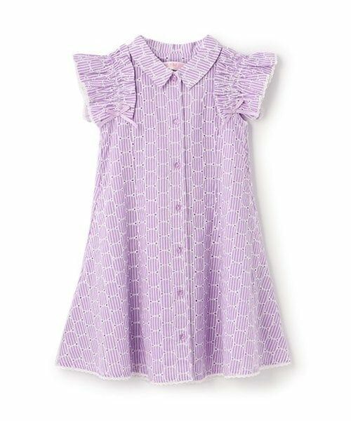 mezzo piano / メゾピアノ ミニ丈・ひざ丈ワンピース | 【人気商品再入荷】【直営店で取り扱い無し】フリル袖ストライプ　シャツワンピース（ラベンダー）