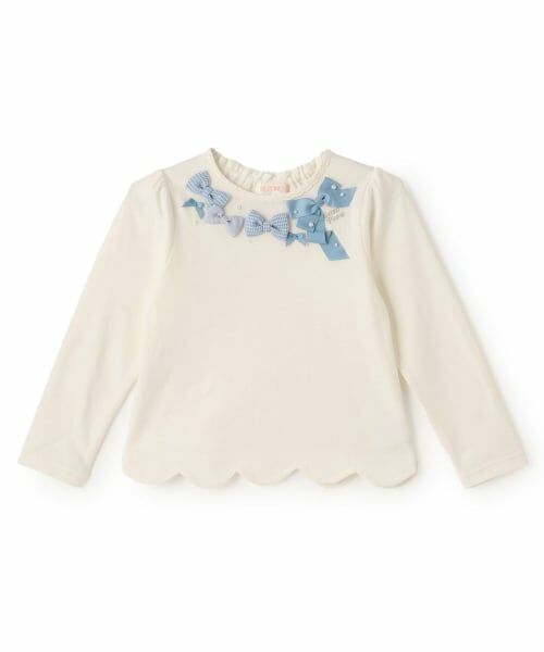 mezzo piano / メゾピアノ Tシャツ | 【人気商品再入荷】【直営店で取り扱い無し】裾スカラップ　リボンイッパイ長袖Tシャツ（オフ ホワイト）