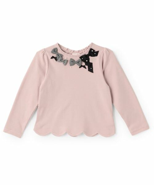 mezzo piano / メゾピアノ Tシャツ | 【人気商品再入荷】【直営店で取り扱い無し】裾スカラップ　リボンイッパイ長袖Tシャツ（ピンク）