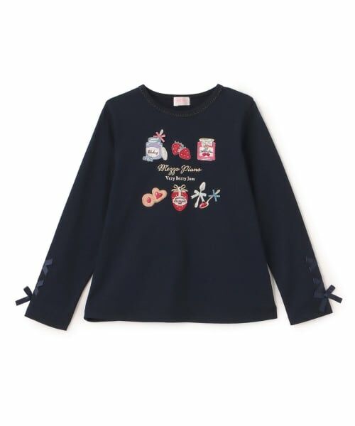 mezzo piano / メゾピアノ Tシャツ | 【人気商品再入荷】【直営店で取り扱い無し】ジャム瓶アップリケ　長袖Tシャツ（紺）