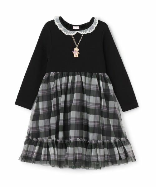 mezzo piano / メゾピアノ ミニ丈・ひざ丈ワンピース | 【人気商品再入荷】【直営店で取り扱い無し】チェックチュール　ドッキングワンピース（黒）