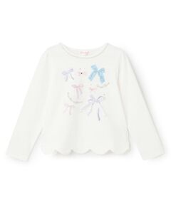 mezzo piano / メゾピアノ Tシャツ | 【人気商品再入荷】【直営店で取り扱い無し】リボンイッパイ裾スカラップ長袖Tシャツ