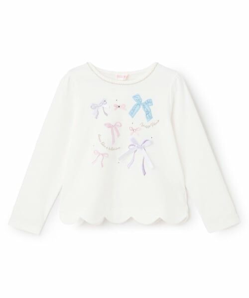 mezzo piano / メゾピアノ Tシャツ | 【人気商品再入荷】【直営店で取り扱い無し】リボンイッパイ裾スカラップ長袖Tシャツ（オフ ホワイト）