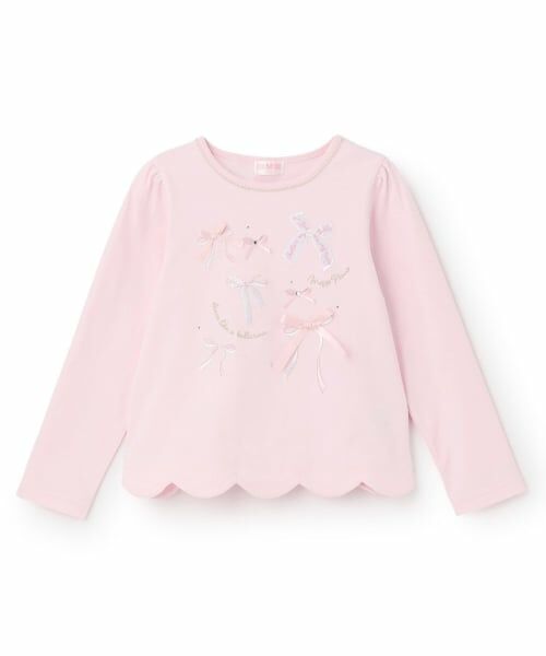 mezzo piano / メゾピアノ Tシャツ | 【人気商品再入荷】【直営店で取り扱い無し】リボンイッパイ裾スカラップ長袖Tシャツ（ピンク）