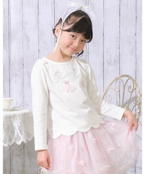 mezzo piano / メゾピアノ Tシャツ | バレリーナロゴ　長袖Tシャツ（オフ ホワイト）
