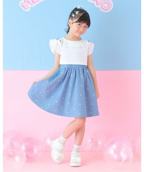 mezzo piano / メゾピアノ ミニ丈・ひざ丈ワンピース | 肩開き半袖Tシャツ＆星キャミワンピースセット（サックス）