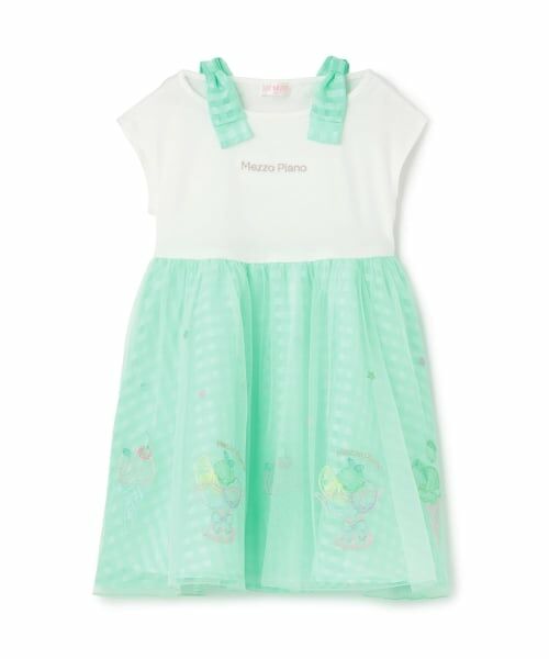 mezzo piano / メゾピアノ ミニ丈・ひざ丈ワンピース | 【人気商品再入荷】【直営店で取り扱い無し】シャーベット刺しゅう　ドッキングワンピース（グリーン）
