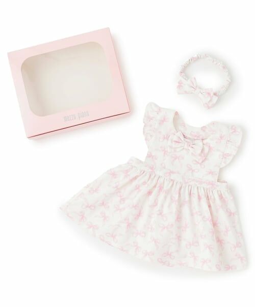 mezzo piano / メゾピアノ スタイ・ビブ | 【BOX付】リボン柄エプロン＆ヘアバンドセット（ピンク）