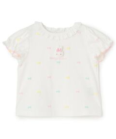 mezzo piano / メゾピアノ Tシャツ | ウサギマスコットつき　リボン柄　半袖Tシャツ