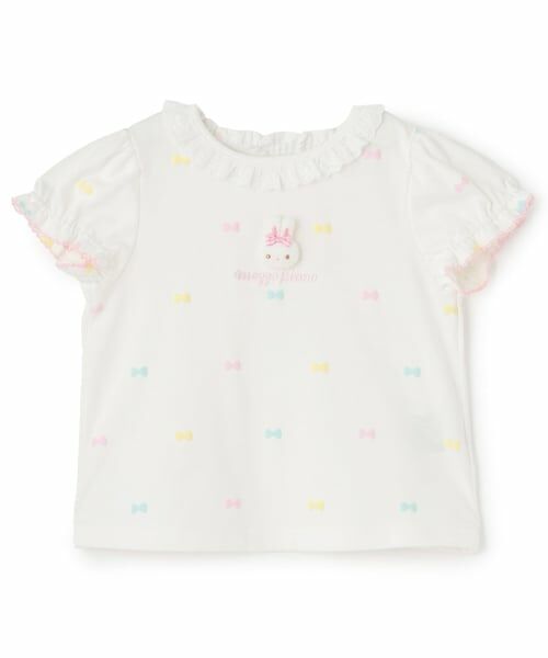 mezzo piano / メゾピアノ Tシャツ | ウサギマスコットつき　リボン柄　半袖Tシャツ（オフ ホワイト）