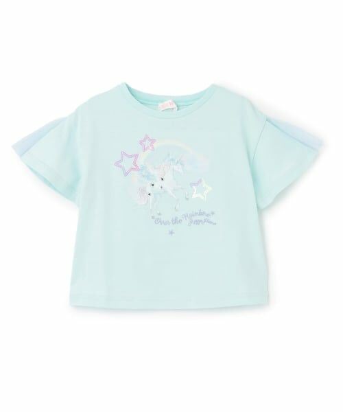 mezzo piano / メゾピアノ Tシャツ | 【人気商品再入荷】【直営店で取り扱い無し】ユニコーン　袖チュール切替　半袖Tシャツ（ミント）