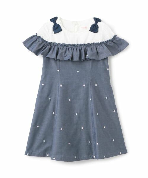 mezzo piano / メゾピアノ ミニ丈・ひざ丈ワンピース | 【人気商品再入荷】【直営店で取り扱い無し】星刺しゅうワンピース（紺）