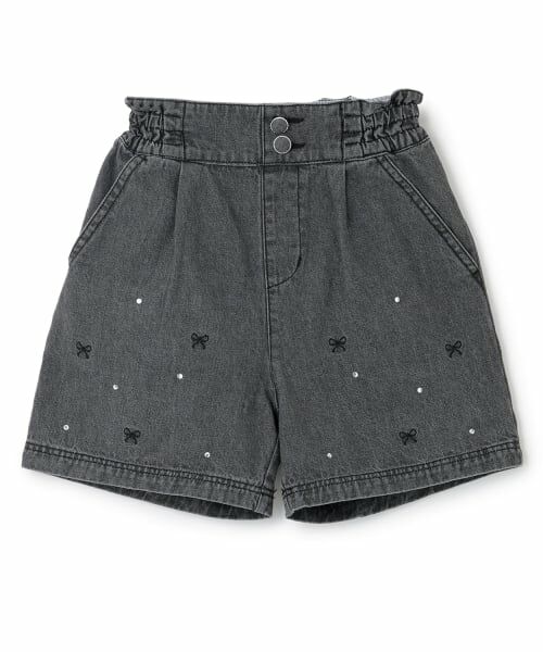 mezzo piano / メゾピアノ ショート・ハーフ・半端丈パンツ | 【人気商品再入荷】【直営店で取り扱い無し】リボン刺しゅうラインストーン　ショートパンツ（グレー）