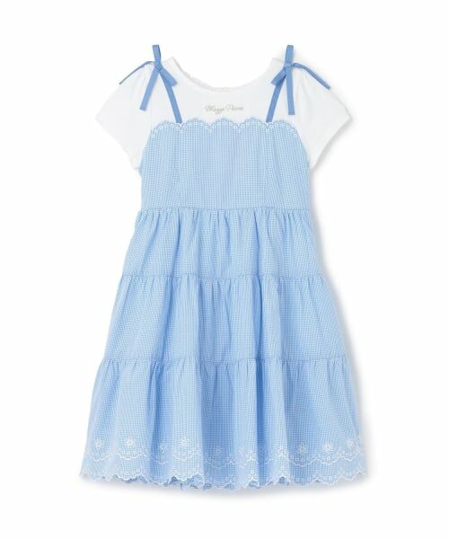 mezzo piano / メゾピアノ ミニ丈・ひざ丈ワンピース | 【人気商品再入荷】【直営店で取り扱い無し】カットワークギンガム　ドッキングワンピース（サックス）