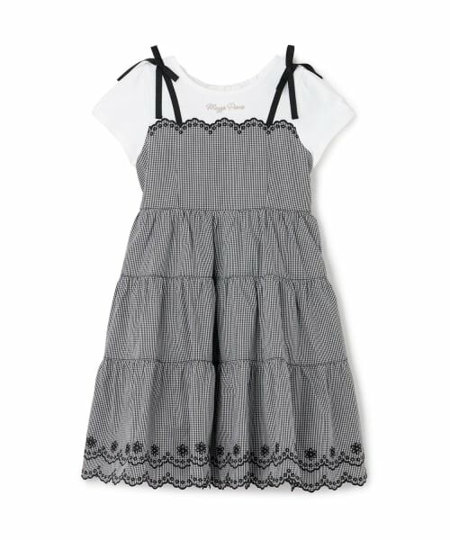 mezzo piano / メゾピアノ ミニ丈・ひざ丈ワンピース | 【人気商品再入荷】【直営店で取り扱い無し】カットワークギンガム　ドッキングワンピース（黒）