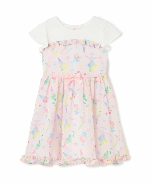 mezzo piano / メゾピアノ ミニ丈・ひざ丈ワンピース | 【人気商品再入荷】【直営店で取り扱い無し】フルーツシャーベット柄　ワンピース（ピーチ）