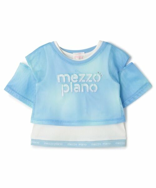 mezzo piano / メゾピアノ Tシャツ | 肩開きメッシュTシャツ　＆タンクトップセット（サックス）