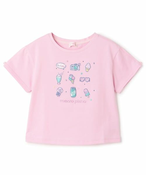 mezzo piano / メゾピアノ Tシャツ | ファンシーポップ刺しゅう　半袖Tシャツ（ライト ピンク）