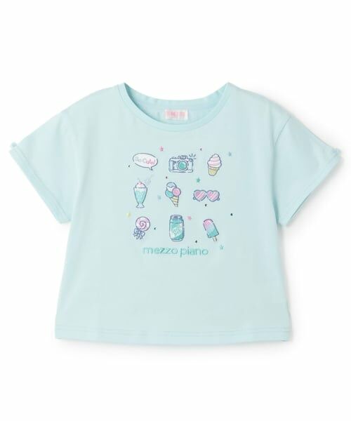 mezzo piano / メゾピアノ Tシャツ | ファンシーポップ刺しゅう　半袖Tシャツ（ライト ブルー）