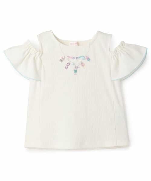mezzo piano / メゾピアノ Tシャツ | ネックレス刺しゅう　肩開き2way　半袖Tシャツ（オフ ホワイト）