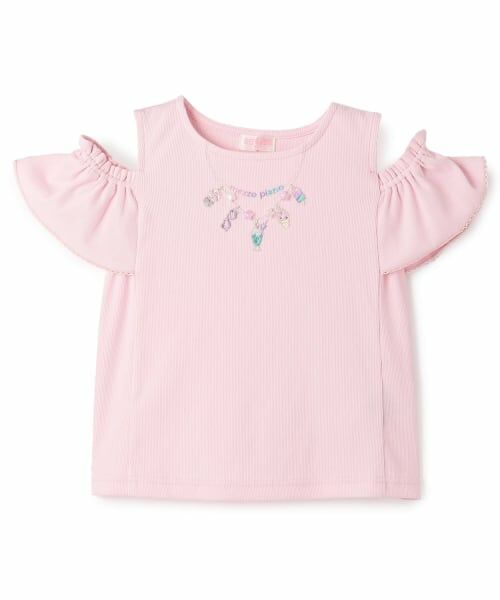 mezzo piano / メゾピアノ Tシャツ | ネックレス刺しゅう　肩開き2way　半袖Tシャツ（ピンク）