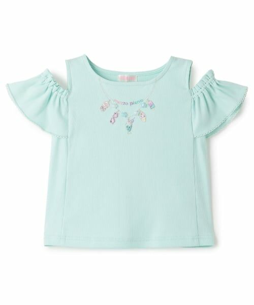 mezzo piano / メゾピアノ Tシャツ | ネックレス刺しゅう　肩開き2way　半袖Tシャツ（ミント）