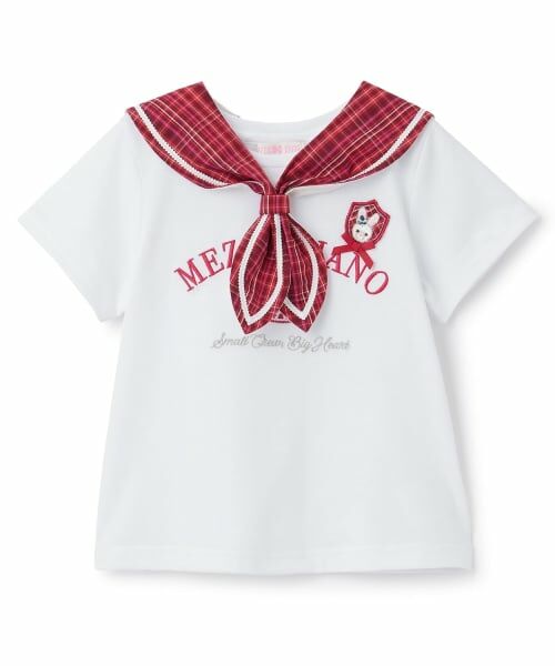 mezzo piano / メゾピアノ Tシャツ | チェックセーラー衿つき　半袖Tシャツ（オフ ホワイト）