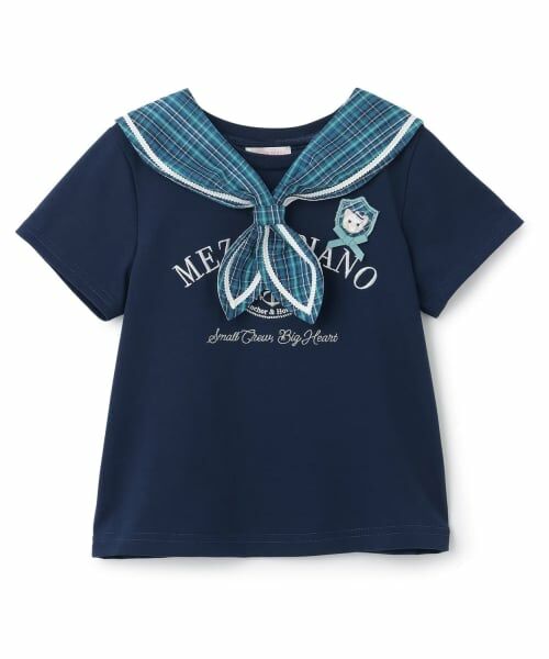 mezzo piano / メゾピアノ Tシャツ | チェックセーラー衿つき　半袖Tシャツ（紺）