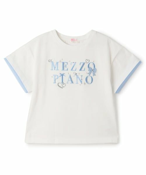 mezzo piano / メゾピアノ Tシャツ | キラキラリボン　ロゴ刺しゅう　半袖Tシャツ（オフ ホワイト）