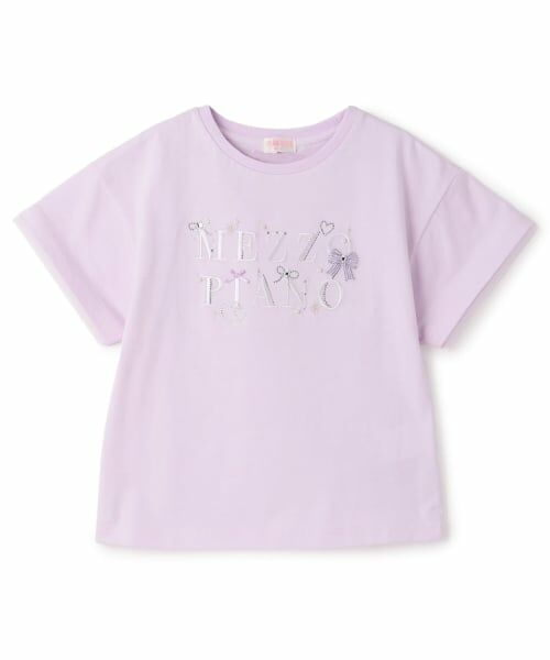 mezzo piano / メゾピアノ Tシャツ | キラキラリボン　ロゴ刺しゅう　半袖Tシャツ（ライラック）