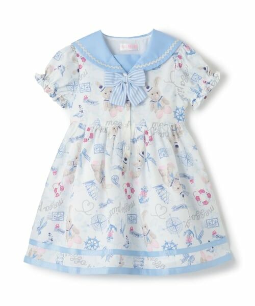 mezzo piano / メゾピアノ ミニ丈・ひざ丈ワンピース | ウサギ・ネコ　航海柄　セーラーワンピース（オフ ホワイト）