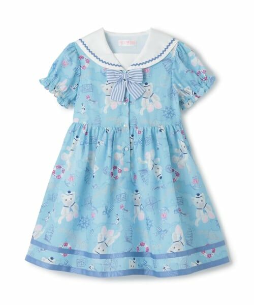 mezzo piano / メゾピアノ ミニ丈・ひざ丈ワンピース | ウサギ・ネコ　航海柄　セーラーワンピース（エメラルド グリーン）