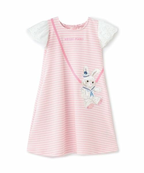 mezzo piano / メゾピアノ ミニ丈・ひざ丈ワンピース | リップルボーダー　ポシェット風ワンピース（ピンク）
