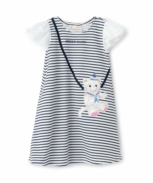 mezzo piano / メゾピアノ ミニ丈・ひざ丈ワンピース | リップルボーダー　ポシェット風ワンピース（紺）