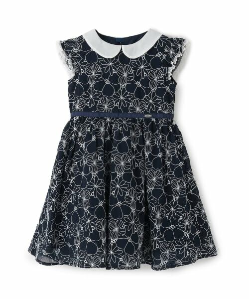 mezzo piano / メゾピアノ ミニ丈・ひざ丈ワンピース | フラワー刺しゅう　衿つきワンピース（紺）