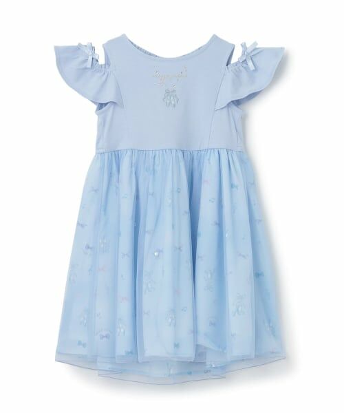 mezzo piano / メゾピアノ ミニ丈・ひざ丈ワンピース | バレエ総柄　チュールドッキングワンピース（サックス）