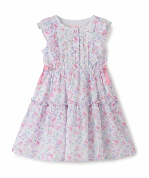 mezzo piano / メゾピアノ ミニ丈・ひざ丈ワンピース | 水彩花柄ワンピース（オフ ホワイト）