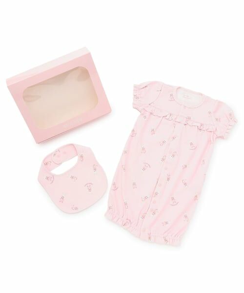 mezzo piano / メゾピアノ ロンパース | 【BOX付】動物柄半袖2wayオール＆スタイセット（ライト ピンク）