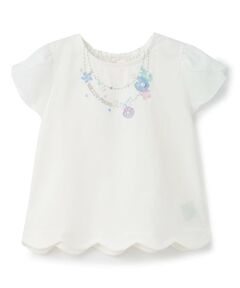 mezzo piano / メゾピアノ Tシャツ | 【人気商品再入荷】【直営店で取り扱い無し】シェルネックレス刺しゅう　裾スカラップTシャツ