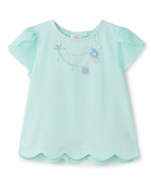 mezzo piano / メゾピアノ Tシャツ | 【人気商品再入荷】【直営店で取り扱い無し】シェルネックレス刺しゅう　裾スカラップTシャツ（ミント）