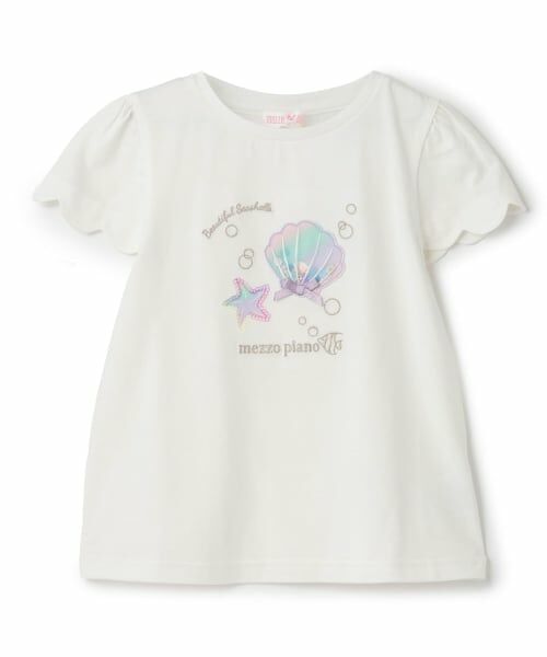 mezzo piano / メゾピアノ Tシャツ | 【人気商品再入荷】【直営店で取り扱い無し】シェルアップリケ パフスリーブTシャツ(オフ ホワイト)