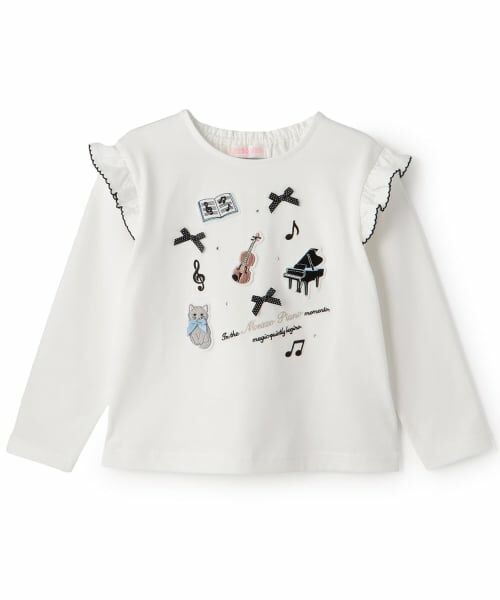mezzo piano / メゾピアノ Tシャツ | ミュージックワッペン 長袖Tシャツ(オフ ホワイト)