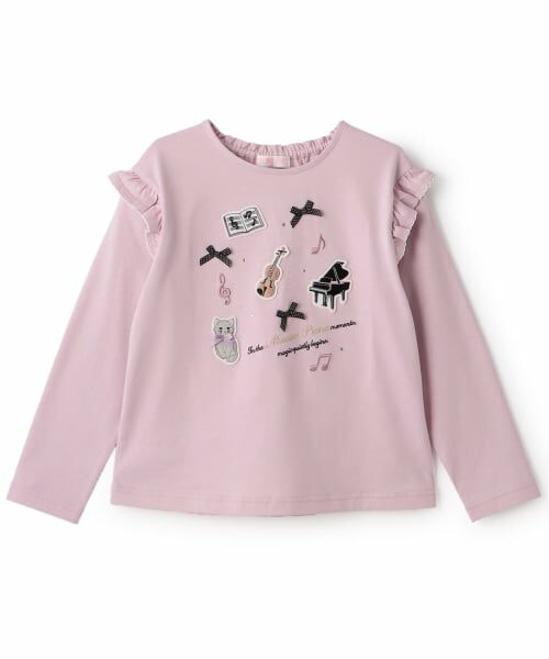 mezzo piano / メゾピアノ Tシャツ | ミュージックワッペン 長袖Tシャツ(ピンク)