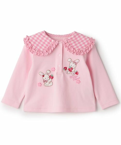 mezzo piano / メゾピアノ Tシャツ | レトロウサギ　ビッグカラー長袖Tシャツ（ピンク）