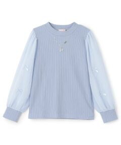 音符ネックレス刺しゅう　袖シフォン　テレコTシャツ