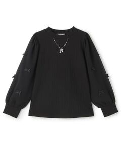 mezzo piano / メゾピアノ Tシャツ | 音符ネックレス刺しゅう　袖シフォン　テレコTシャツ